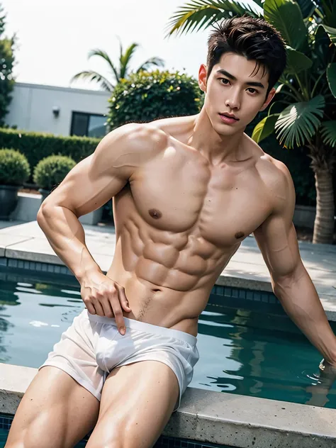 arafed boy in a wet and transparent white hip boxer brief, Full Body Shoot, Quiff haircut, look at camera, detailed facial parts, Manly, Bad Boy, Pool background, Sexy Pose, sex manaice, perfect anatomy, symmetric body, asian boy 19 years old, shirtless ::...