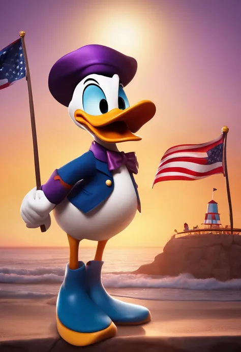 Por favor, create a painting of Donald Duck proudly holding an American flag by the beach. In this particular art style, The setting is inspired by the atmosphere of an amusement park. The illumination represents the sunset, With shades of orange and purpl...