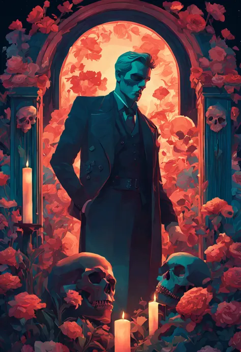 Art deco masterpiece, alpha male, at night, cemetery, flowers, skull, nightmare, candles, intricately detailed, sharp focus, extremely detailed, dark fantasy, glowing, colorful painting, rich color, HDR, octane render, digital illustration, cinematic light...