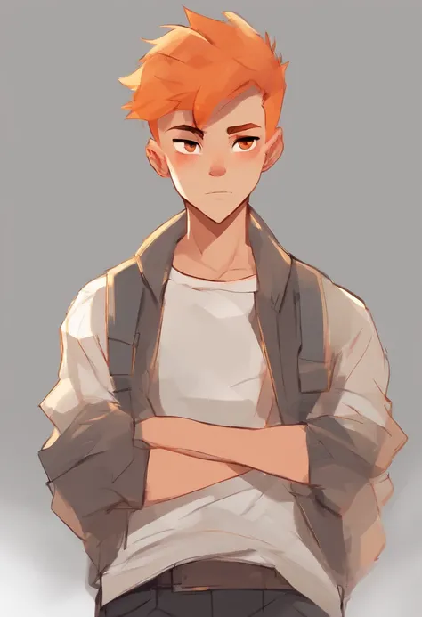 teenage boy, light brown skin, shaved hair, orange hair, orange eyes, really short orange hair, scar on the left eye, 2d, cartoon style