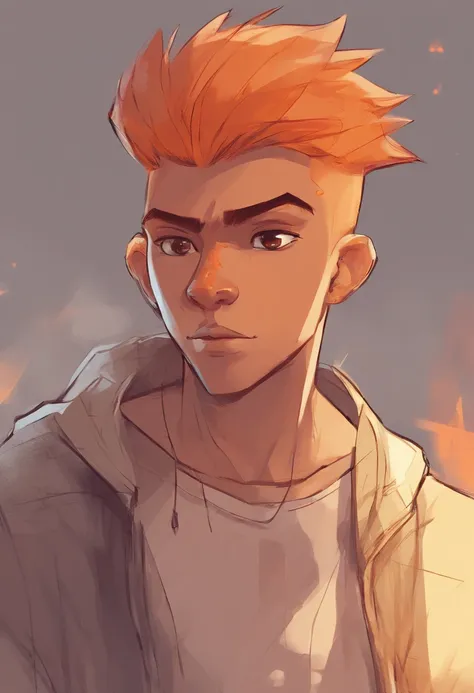 teenage boy, light brown skin, shaved hair, orange hair, orange eyes, really short orange hair, scar on the left eye, 2d, cartoon style