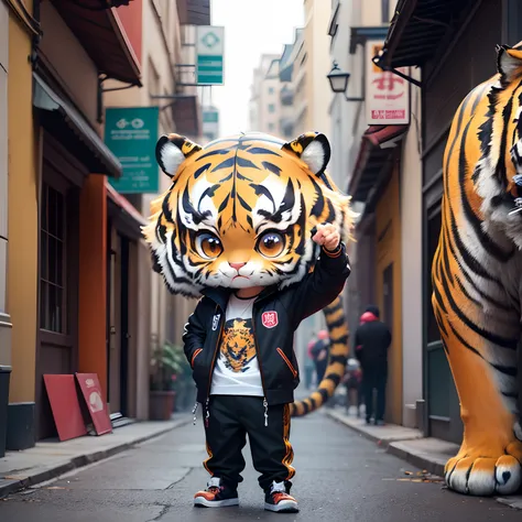 ​masterpiece、top-quality、ultra-detailliert、(Chibi Chara　a tiger:1.3)、Mans、big brother、Street fashion、Full-body standing figure、Solo、