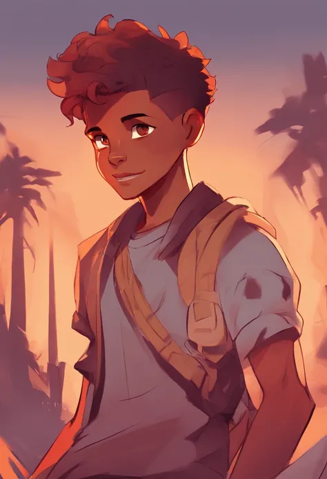 teenage boy, brown skin, shaved hair, orange hair, orange eyes, shaved orange hair, scar on the cheek, short, sleeveless red shirt, 2d, cartoon style