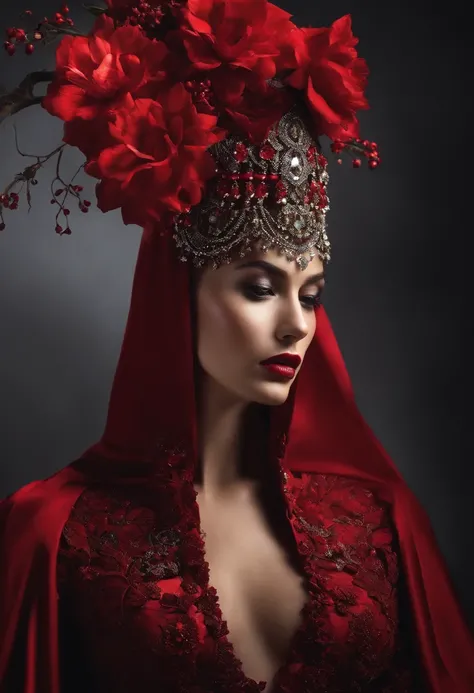 Uma bela rainha eslava vestindo um capuz preto moderno, coberto de joias de cristal vermelho floral, capa de revista,visual arrojado e majestoso