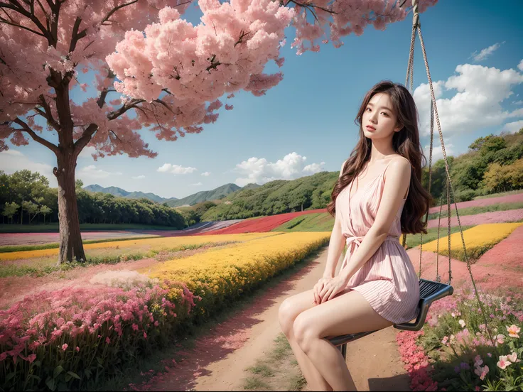 Beautiful girl sitting on swing in a flower field, Infrared photography, Graphic design, poster for, fine art, vivd colour, 1.4x realism，hyper HD，Textured skin，(anatomy correct，Accurate and perfect Korean female face，Golden ratio)