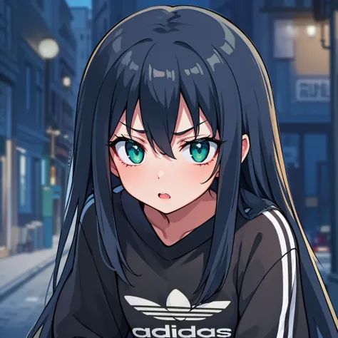 hiquality, tmasterpiece (one girls) Gopnyk. Sullen face. Outraged. open mouth. green colored eyes. adidas Dark Clothing. Streaks. dark colored hair. Against the background of the night street of the city.