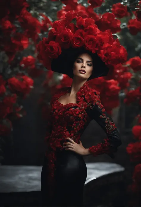 Uma bela rainha eslava vestindo um capuz preto moderno, coberto de joias de cristal vermelho floral, capa de revista,visual arrojado e majestoso