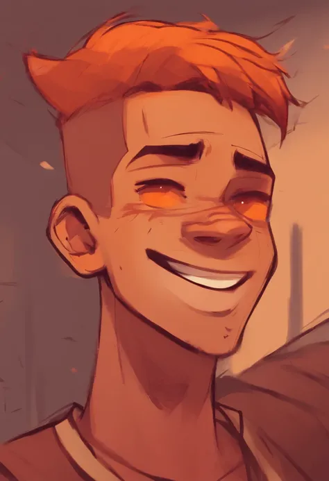 teenage boy, brown skin, full shaved hair, orange hair, orange eyes, shaved orange hair, orange eyebrows, scar on the cheek, short height, sleeveless red shirt, big smile, 2d, cartoon style