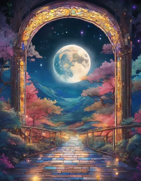 A painting of a 2022 (Porsche Cayenne), by a river with stars and moon in the sky, concept art inspired by Tosa Mitsuoki, pixiv contest winner, best quality, fantasy art, beautiful anime scene, a bright moon, moonlit starry environment, dream painting, Ani...