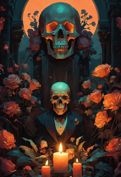 Art deco masterpiece, alpha male, at night, cemetery, flowers, skull, nightmare, candles, intricately detailed, sharp focus, extremely detailed, dark fantasy, glowing, colorful painting, rich color, HDR, octane render, digital illustration, cinematic light...