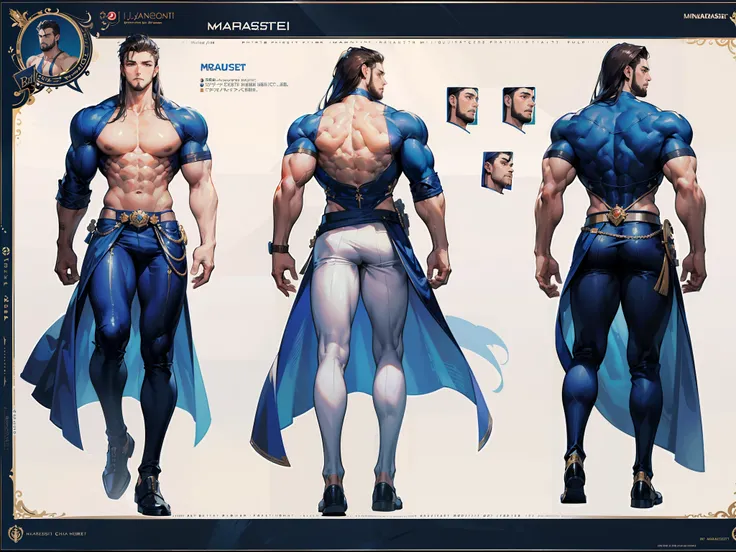 ((Masterpiece, Highest quality)), Detailed face, character design sheet， full bodyesbian, Full of details, frontal body view, back body view, Highly detailed, Depth, Many parts, Muscle boy with long brunnete hair，handsome man, muscle body, navy, commander,...