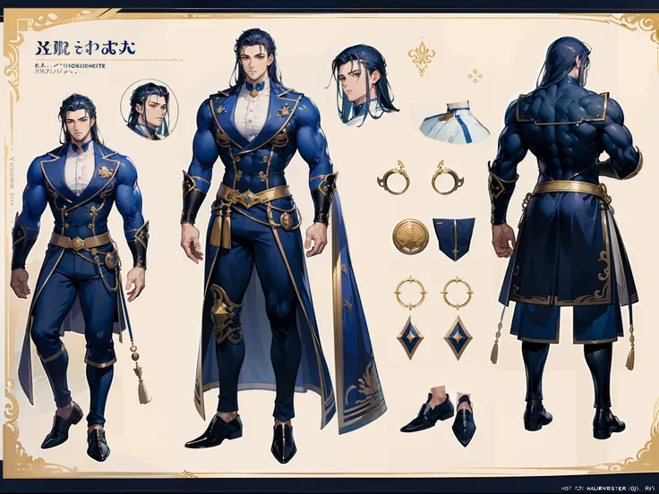 ((Masterpiece, Highest quality)), Detailed face, character design sheet， full bodyesbian, Full of details, frontal body view, back body view, Highly detailed, Depth, Many parts, Muscle boy with long brunnete hair，handsome man, muscle body, navy, commander,...