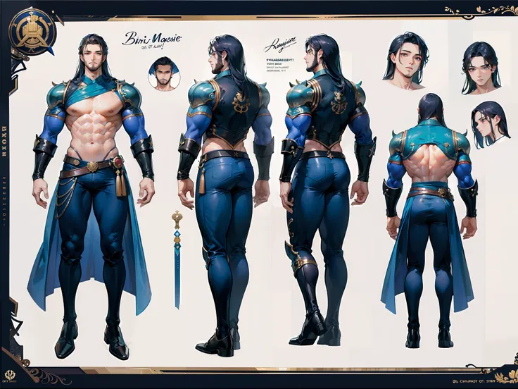 ((Masterpiece, Highest quality)), Detailed face, character design sheet， full bodyesbian, Full of details, frontal body view, back body view, Highly detailed, Depth, Many parts, Muscle boy with long brunnete hair，handsome man, muscle body, navy, commander,...