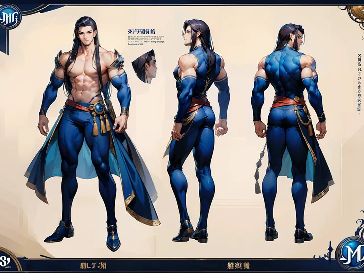 ((Masterpiece, Highest quality)), Detailed face, character design sheet， full bodyesbian, Full of details, frontal body view, back body view, Highly detailed, Depth, Many parts, Muscle boy with long brunnete hair，handsome man, muscle body, navy, commander,...