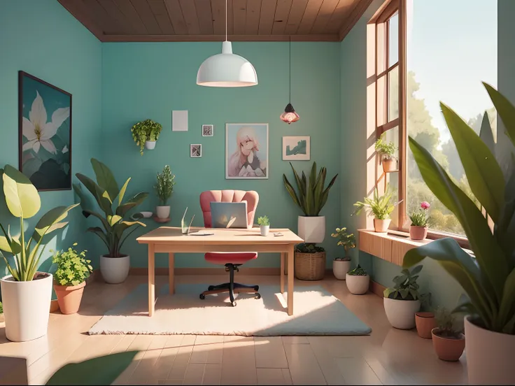 Desk illustration drawn in cartoon style. Add natural elements, As plants and flowers, And create a relaxing atmosphere with a pastel color palette of 8K wallpapers