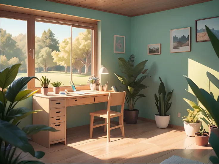 Desk illustration drawn in cartoon style. Add natural elements, As plants and flowers, And create a relaxing atmosphere with a pastel color palette of 8K wallpapers