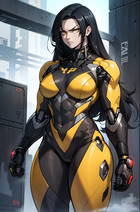 1 girl pale skin black hair yellow eyes long hair angry muscular toned body bodybuilder (((cybernetic suit))) curvy wide hips thick thighs