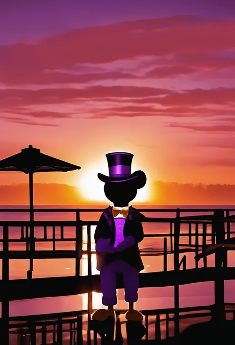 "Por favor, Create a painting of Scrooge McDuck proudly holding an American flag by the beach. In this particular art style, The setting is inspired by the atmosphere of an amusement park. The illumination represents the sunset, With shades of orange and p...