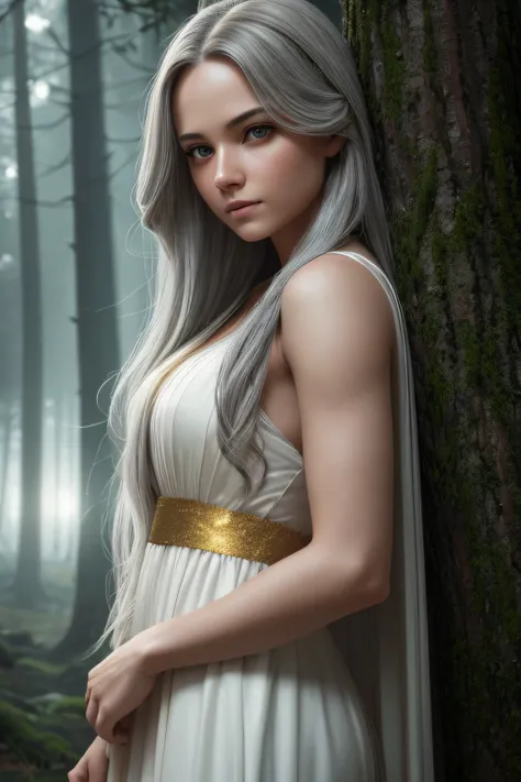 Stunning girl with long gray hair, Fair skin, And red eyes, In the forest with movie lighting, dark and gloomy. She wears a golden white dress, Her eyes focused, Looking at the viewer. Her skin is fair, Her face is delicate and perfect, Super masterpiece, ...