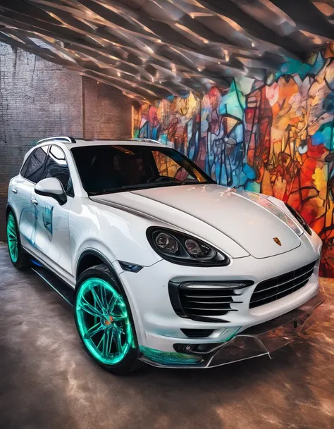 2014 (white)(Porsche Cayenne) (but with) detailed retro-futuristic architecture,ultra-detailed AI Porsche Cayenne exteriors,hot fiery exhaust pipes,massive black tires with white side walls,fast-speed (motion blur), flying drones capturing the race, best q...