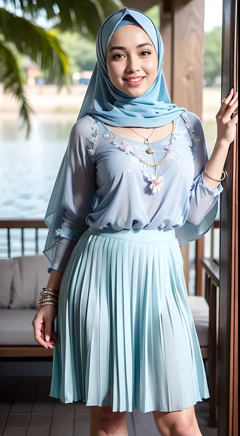 RAW, Best quality, high resolution, Masterpiece: 1.3), Beautiful Malay woman in hijab, Masterpiece, Perfect slim body, Beautiful big eyes, Watery eyes, Soft smile, Wet lips, big breasts, ((wearing a tight long dress with a small pastel flower pattern close...