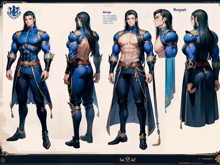 ((Masterpiece, Highest quality)), Detailed face, character design sheet， full bodyesbian, Full of details, frontal body view, back body view, Highly detailed, Depth, Many parts, Muscle boy with long brunnete hair with long bangs，handsome man, muscle body, ...