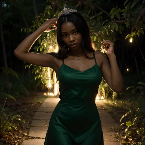 Black girl in a light green dress and a tiara warm lighting slim body with fireflies around her