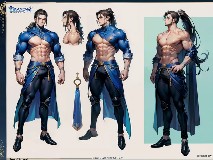 ((Masterpiece, Highest quality)), Detailed face, character design sheet， full bodyesbian, Full of details, frontal body view, back body view, Highly detailed, Depth, Many parts, Muscle boy with ponytail long brunnete hair，handsome man, muscle body, navy, c...