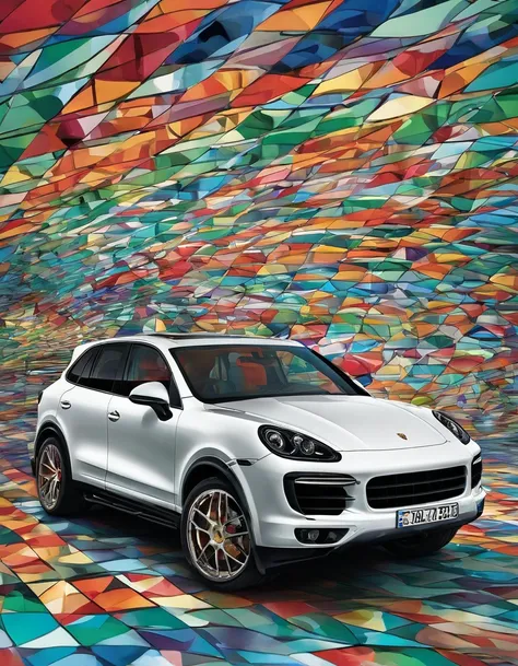 2014 (white)(Porsche Cayenne) (but with) detailed retro-futuristic architecture,ultra-detailed AI Porsche Cayenne exteriors,hot fiery exhaust pipes,massive black tires with white side walls,fast-speed (motion blur), flying drones capturing the race, best q...