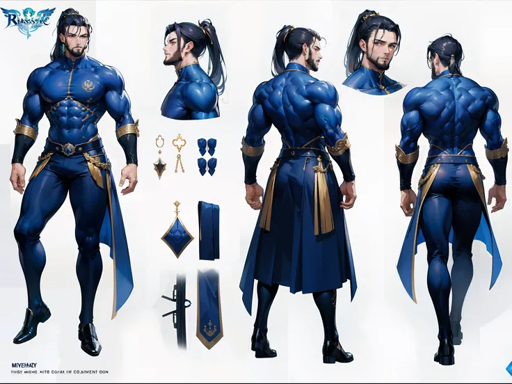 ((Masterpiece, Highest quality)), Detailed face, character design sheet， full bodyesbian, Full of details, frontal body view, back body view, Highly detailed, Depth, Many parts, Muscle boy with ponytail long brunnete hair，handsome man, muscle body, navy, c...