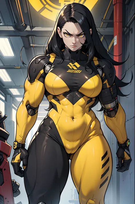 1 girl pale skin black hair yellow eyes long hair angry muscular toned body bodybuilder (cybernetic suit) curvy wide hips thick thighs