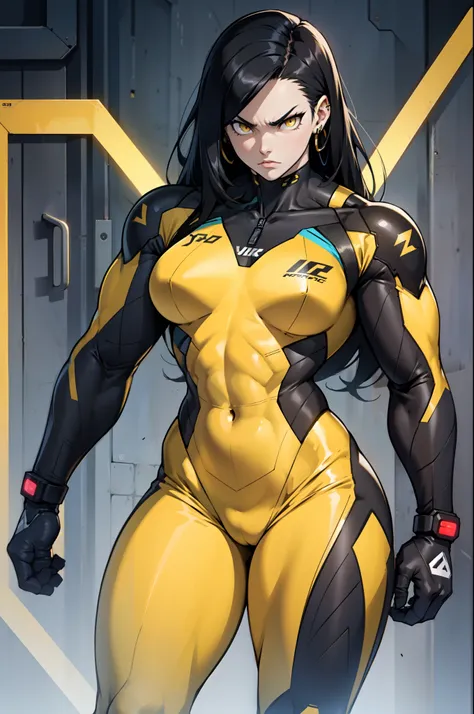 1 girl pale skin black hair yellow eyes long hair angry muscular toned body bodybuilder (cybernetic suit) curvy wide hips thick thighs