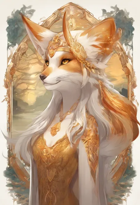 An attractive anthro kitsune with golden fur, multiple tails, she has white hair and white glowing intricate body tattoos; she is standing in a room at night; she is standing 10 feet away from the viewer; she is wearing earrings and no clothing; she is loo...