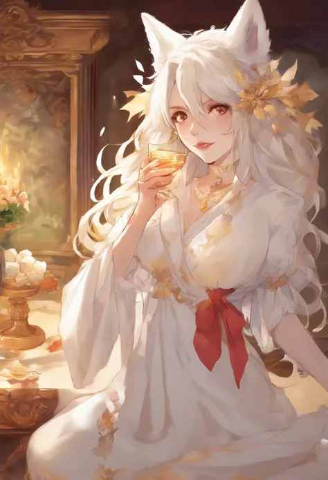 An attractive anthro kitsune with golden fur, multiple tails, she has white hair and white glowing intricate body tattoos; she is standing in a room at night; she is standing 10 feet away from the viewer; she is wearing earrings and no clothing; she is loo...