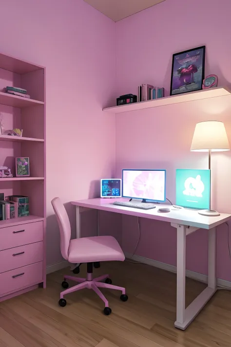 Imagine a tranquil gamer-themed room with a lofi aesthetic. The walls are adorned in soft tones like pastel pink or light purple, and shelves display video game figurines and collectibles. In the center of the room, there is a cozy gaming chair and a desk ...