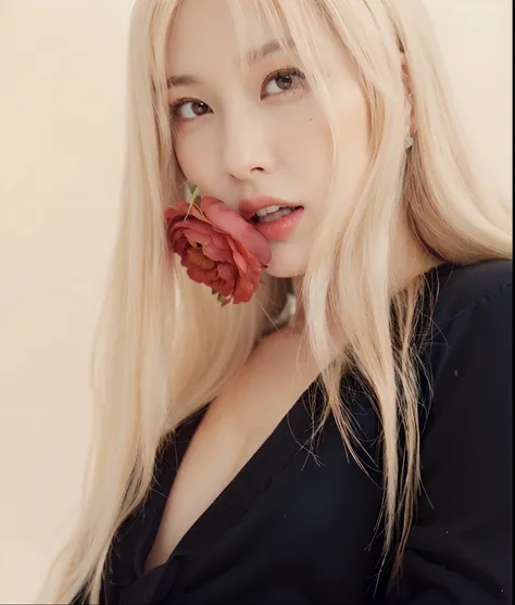 mujer rubia con una rosa en la boca, Parque Roseanne de Blackpink, Retrato de Jossi de Blackpink, Jossi de Blackpink, con cabello largo y rubio, Basia Tran, con el pelo largo y blanco, con pelo largo blanco, ji-min, Ava Max, Sha Xi, Taejune Kim, Cl, Blackp...