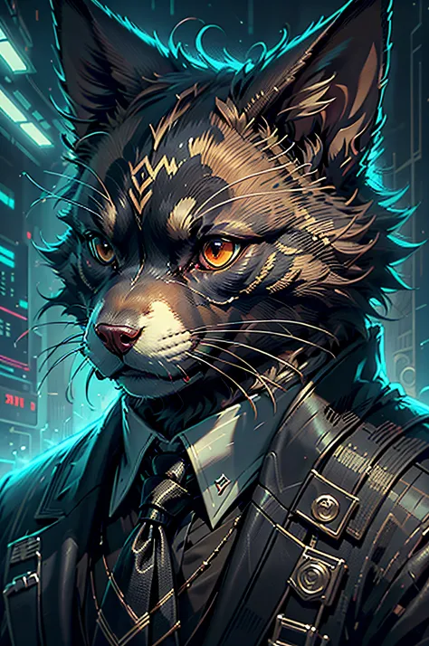 (man in black suit and tie)cartoons、anthropomorphic lop-eared shepherd dog、cyberpunked