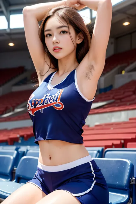 1womanl、(Super beautiful)、(beauitful face:1.5)、22year old、Professional Baseball Team Cheerleading、hairarmpits、(Armpit hair:1.4)、(sleeveless clothes)、(You can see the shape of the nipple:1.1)、makeup、(wetted skin)、 Brown hair、(Cheering seats in a fully booke...