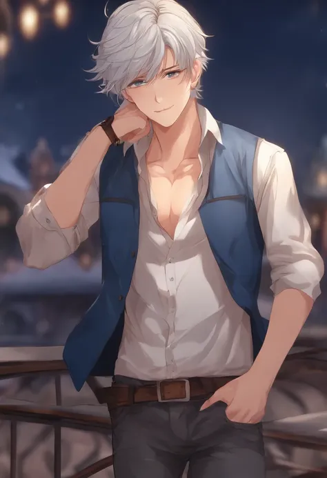 a young man of 21 with brown eyes silver hair weaing a blue jeans and shirt under his vest. Anime