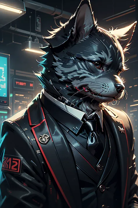 (man in black suit and tie)comic strip、anthropomorphic miniature schnauzer dog、cyberpunked