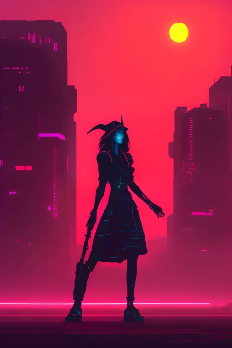 Cyberpunk style witch with red sky