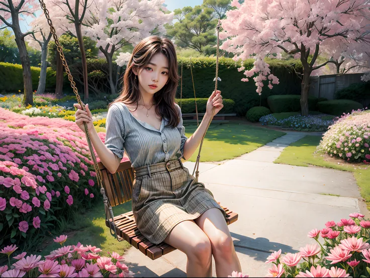 Beautiful girl sitting on swing in a flower field, Infrared photography, Graphic design, poster for, fine art, vivd colour, 1.4x realism，hyper HD，Textured skin，(anatomy correct，Accurate and perfect Korean female face，Golden ratio)