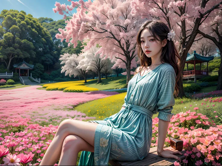 Beautiful girl sitting on swing in a flower field, Infrared photography, Graphic design, poster for, fine art, vivd colour, 1.4x realism，hyper HD，Textured skin，(anatomy correct，Accurate and perfect Korean female face，Golden ratio)