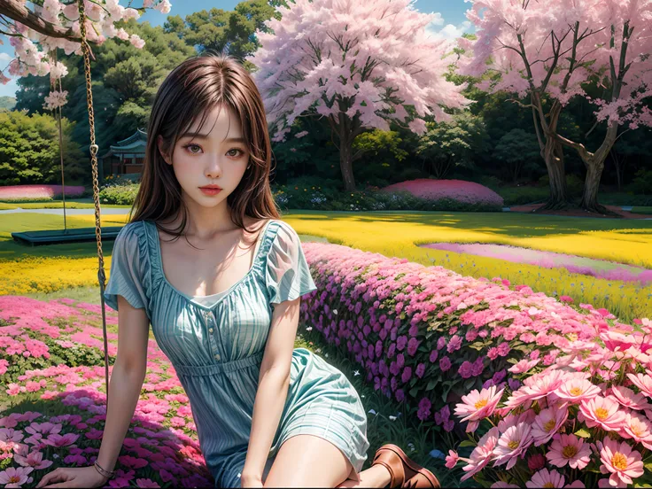 Beautiful girl sitting on swing in a flower field, Infrared photography, Graphic design, poster for, fine art, vivd colour, 1.4x realism，hyper HD，Textured skin，(anatomy correct，Accurate and perfect Korean female face，Golden ratio)