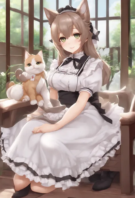 Cartoon photo of a woman in a maid outfit sitting on a pillow, anime cat girl in a maid costume, loli in dress, cosplay of a catboy! maid! Dress, anime girls in maid costumes, maid clothes, full body commission for, female fursona, cute anime catgirl, fema...