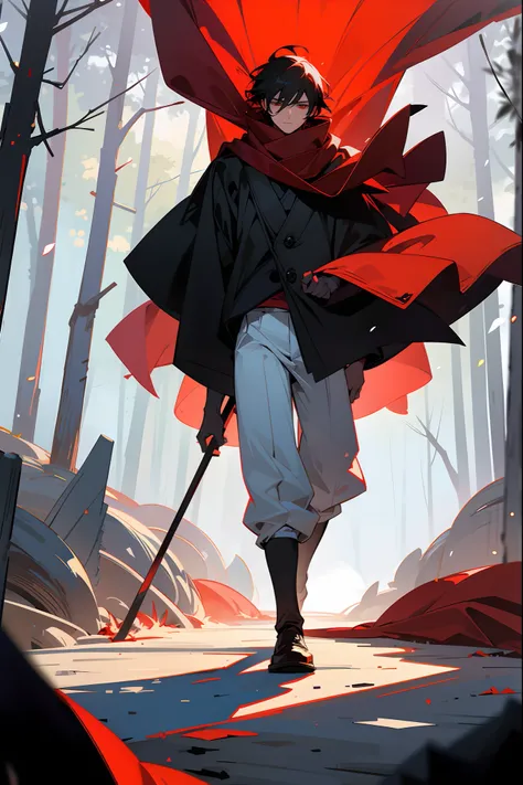 1male, black hair, black cloak, red scarf, white baggy pants, walking down path, forest, cowboy shot