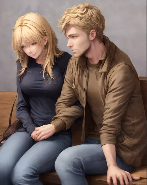 couple sitting together, woman with blonde fluffy hair, man with brown fluffy hair, cute, cuddle