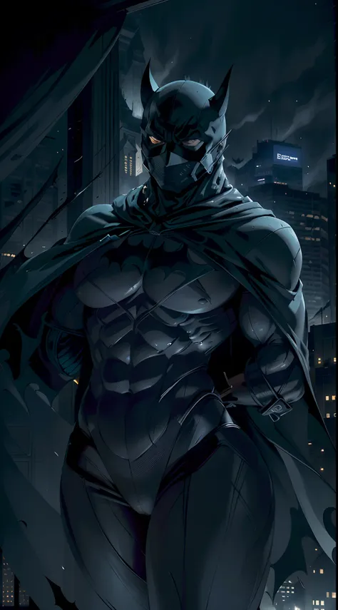 Batman stands tall in the center of the wallpaper, his iconic silhouette casting a dark and mysterious presence. The wallpaper itself is a rich, deep shade of midnight blue, adorned with intricate patterns reminiscent of Gotham Citys gothic architecture.,(...