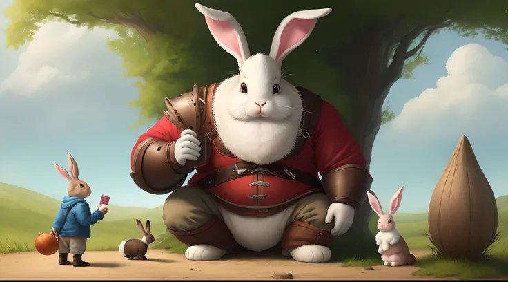 Giant rabbit holding a dwarf rabbit in his hand