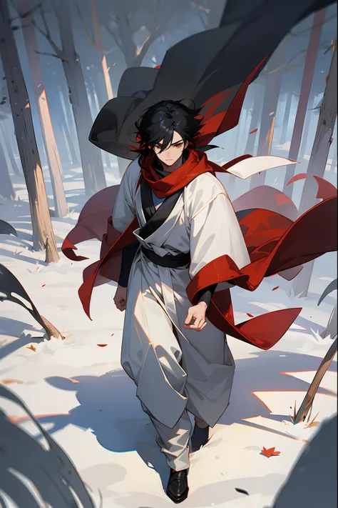 1male, black hair, black cloak, red scarf, white baggy pants, walking down path, forest, cowboy shot